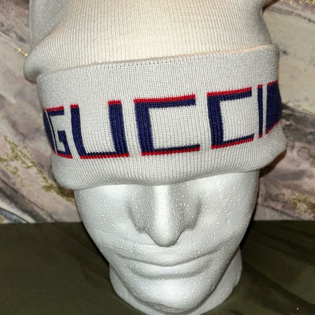Gucci Cream Beanie With Blue Trim